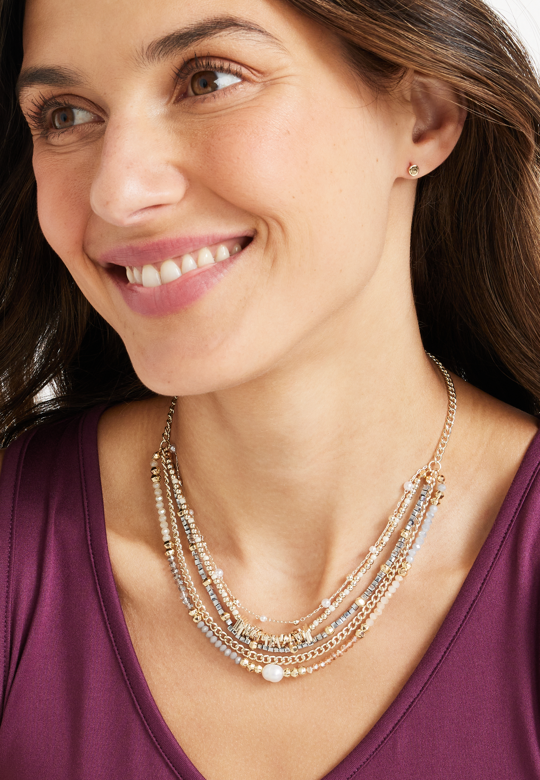 Faux Pearl and Multi Beaded Layered Necklace, , large
