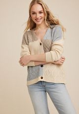 Patchwork Cable Knit Cardigan, ECRU COMBO, small