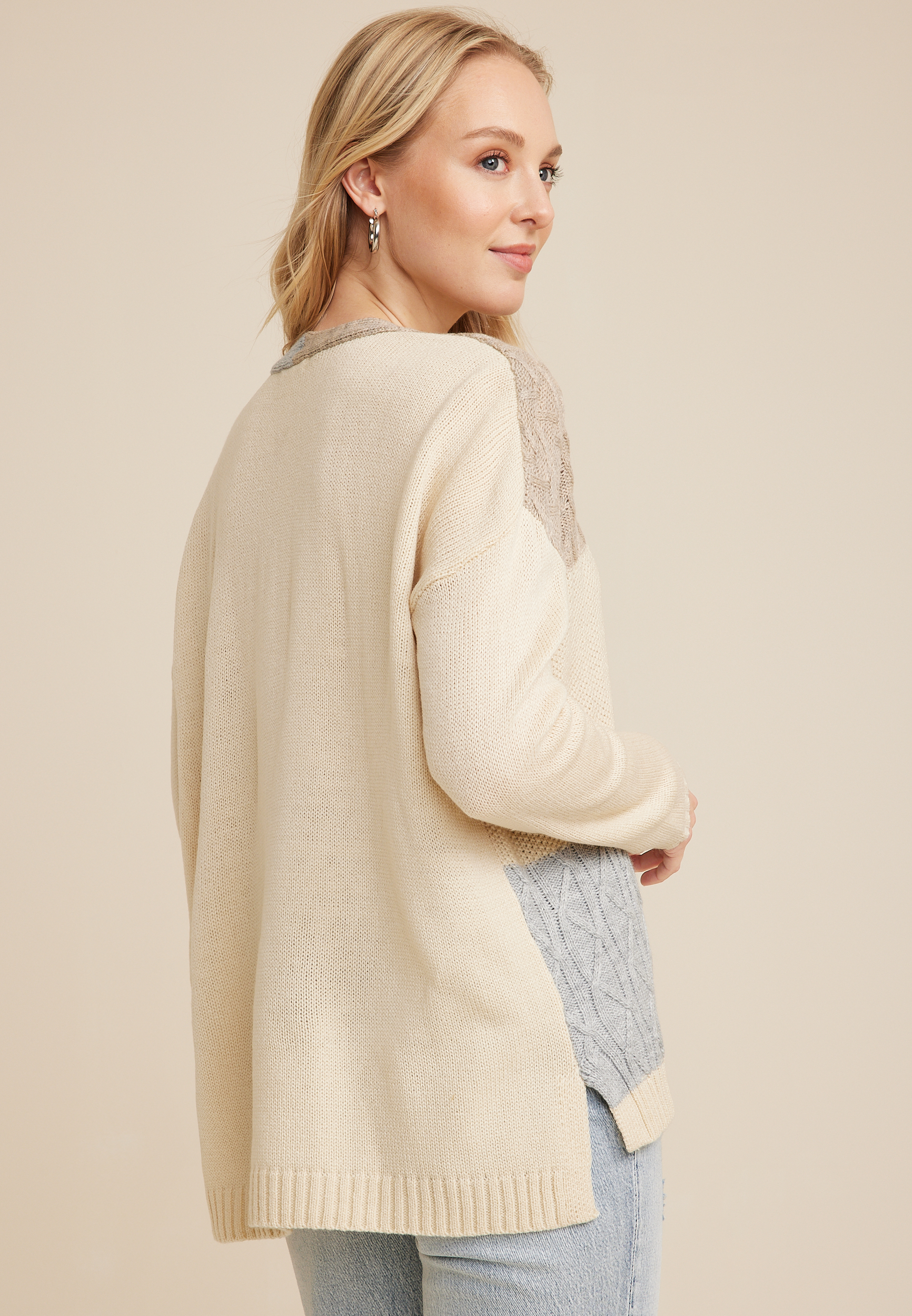 Patchwork Cable Knit Cardigan, ECRU COMBO, large