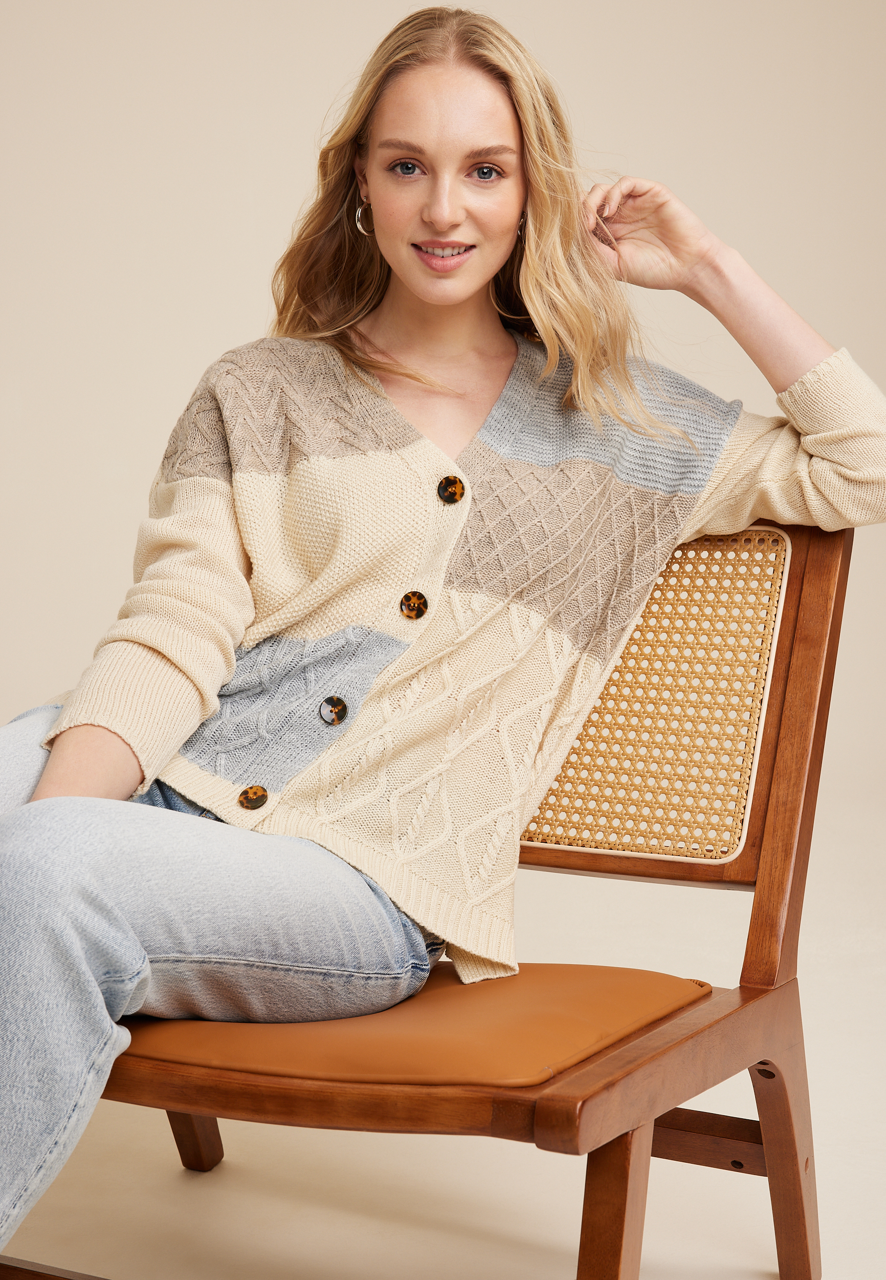 Patchwork Cable Knit Cardigan, ECRU COMBO, large