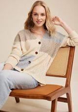 Patchwork Cable Knit Cardigan, ECRU COMBO, small