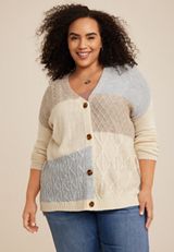 Plus Size Patchwork Cable Knit Cardigan, ECRU COMBO, small