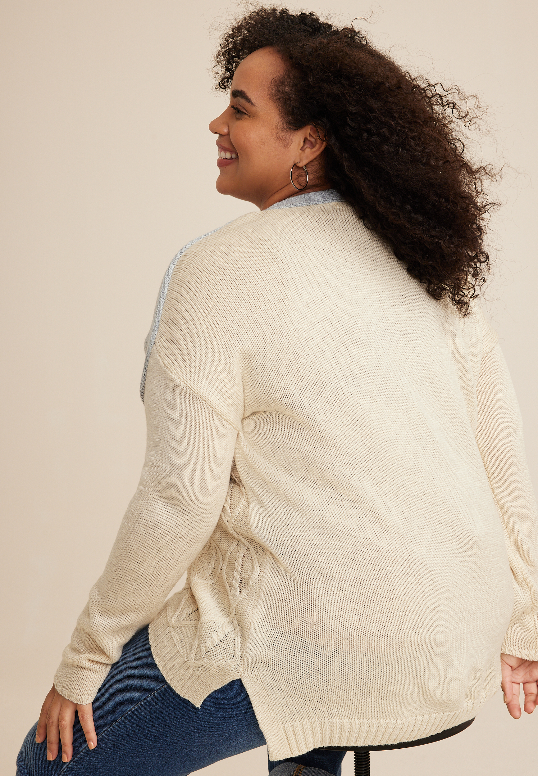 Plus Size Patchwork Cable Knit Cardigan, ECRU COMBO, large