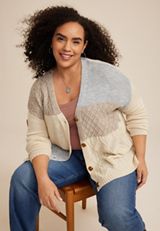 Plus Size Patchwork Cable Knit Cardigan, ECRU COMBO, small