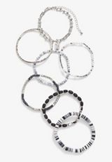 7 Piece Silver and Black Beaded Stretch Bracelet Set, C2704, small