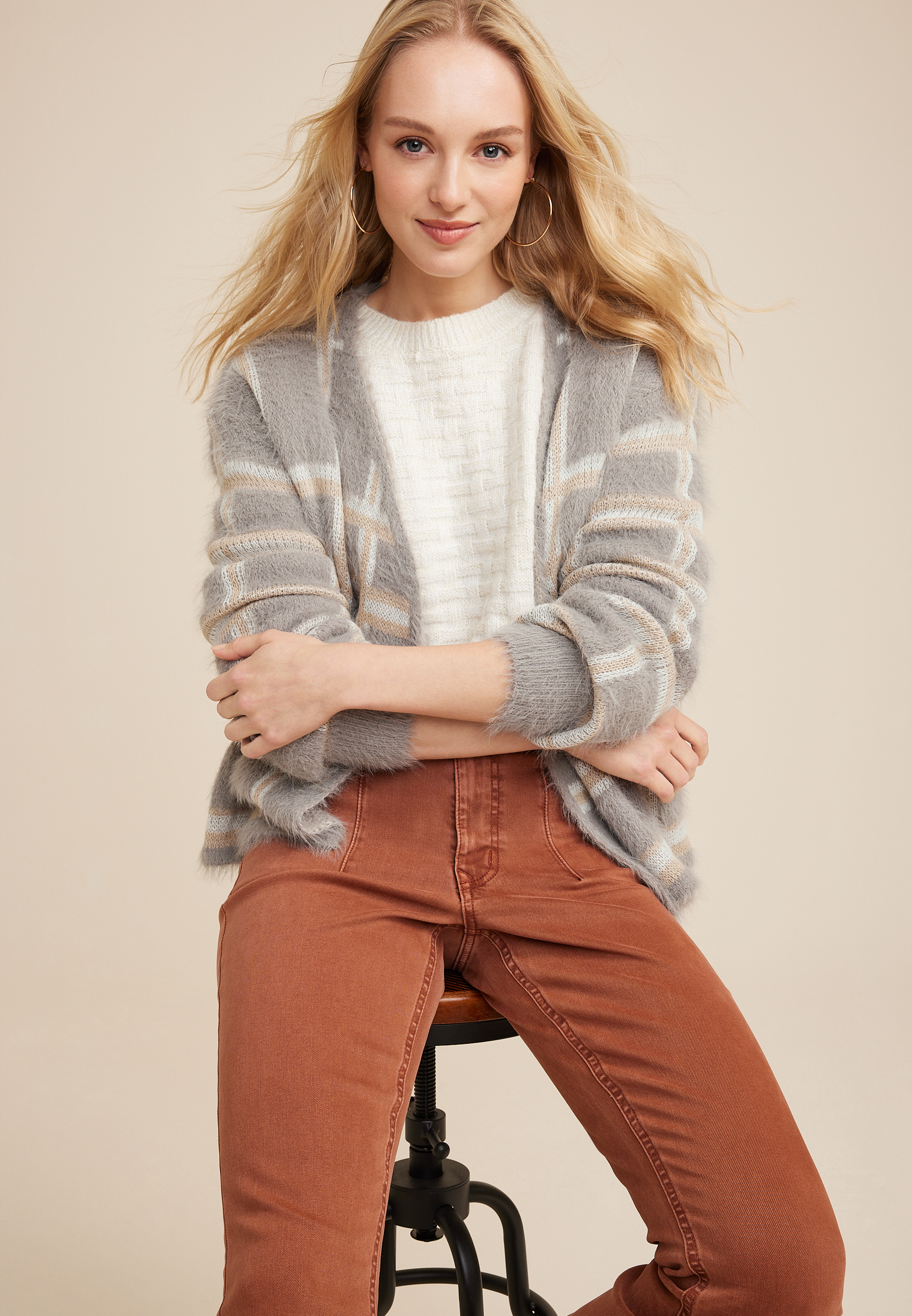 Plaid Eyelash Cardigan, C2823, large