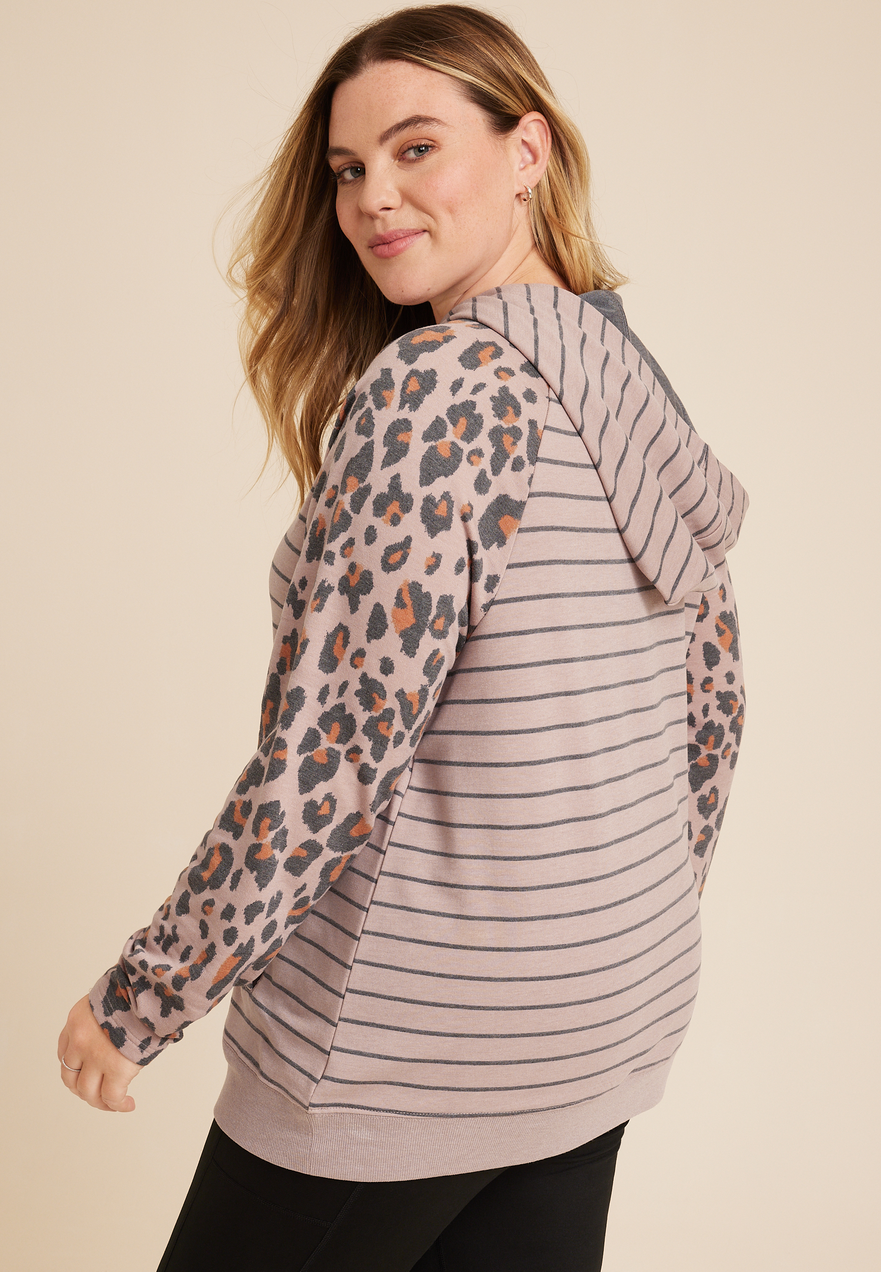 Plus Size Homeward Leopard Sleeve Fleece Hoodie, C7726, large