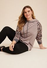 Plus Size Homeward Leopard Sleeve Fleece Hoodie, C7726, small