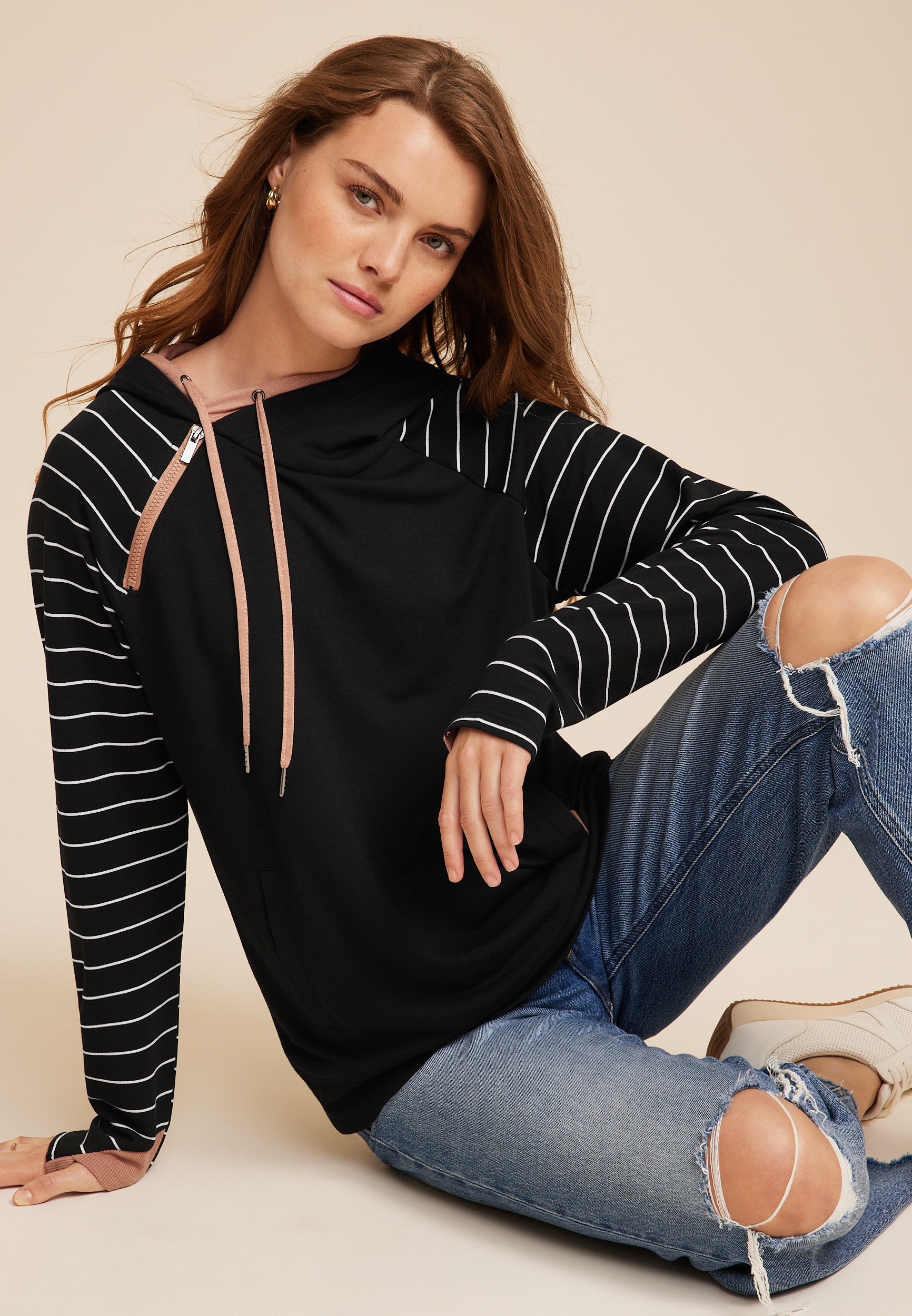 Homeward Striped Sleeve Fleece Hoodie, C1756, large