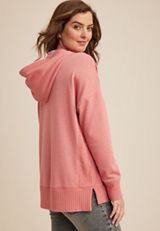 Ribbed Solid Hoodie, CORAL, small