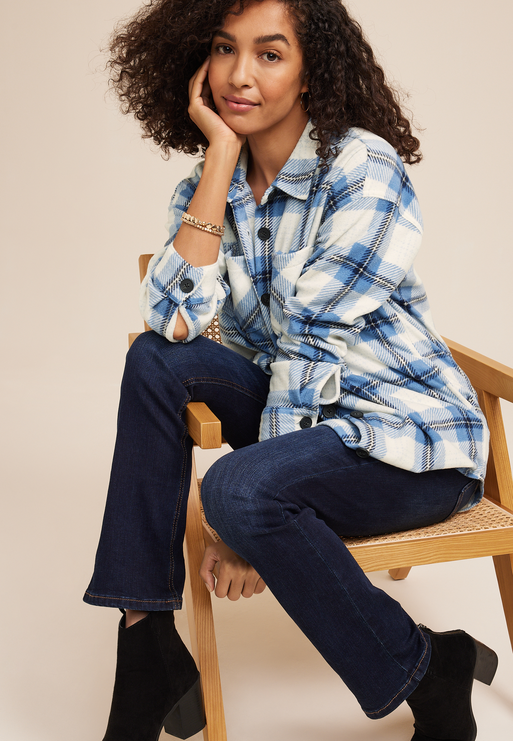 Wilder Blue Plaid Fleece Shacket, C1772, large