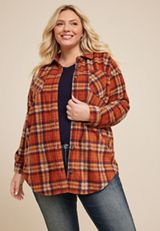 Plus Size Wilder Orange Plaid Fleece Shacket, C3664, small