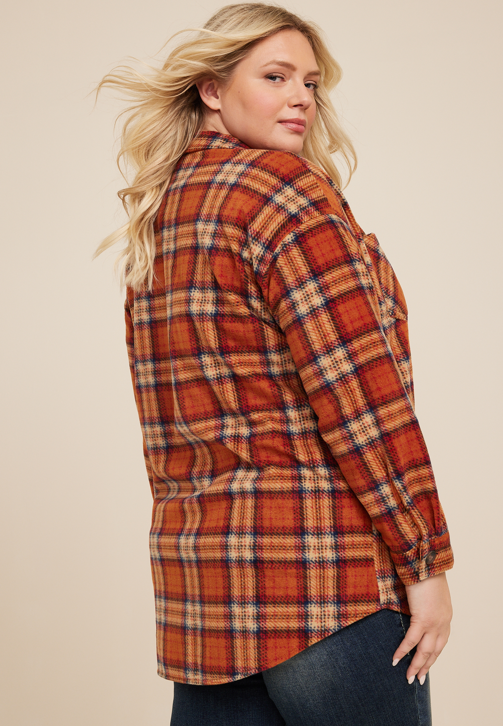 Plus Size Wilder Orange Plaid Fleece Shacket, C3664, large