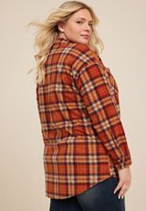 Plus Size Wilder Orange Plaid Fleece Shacket, C3664, small
