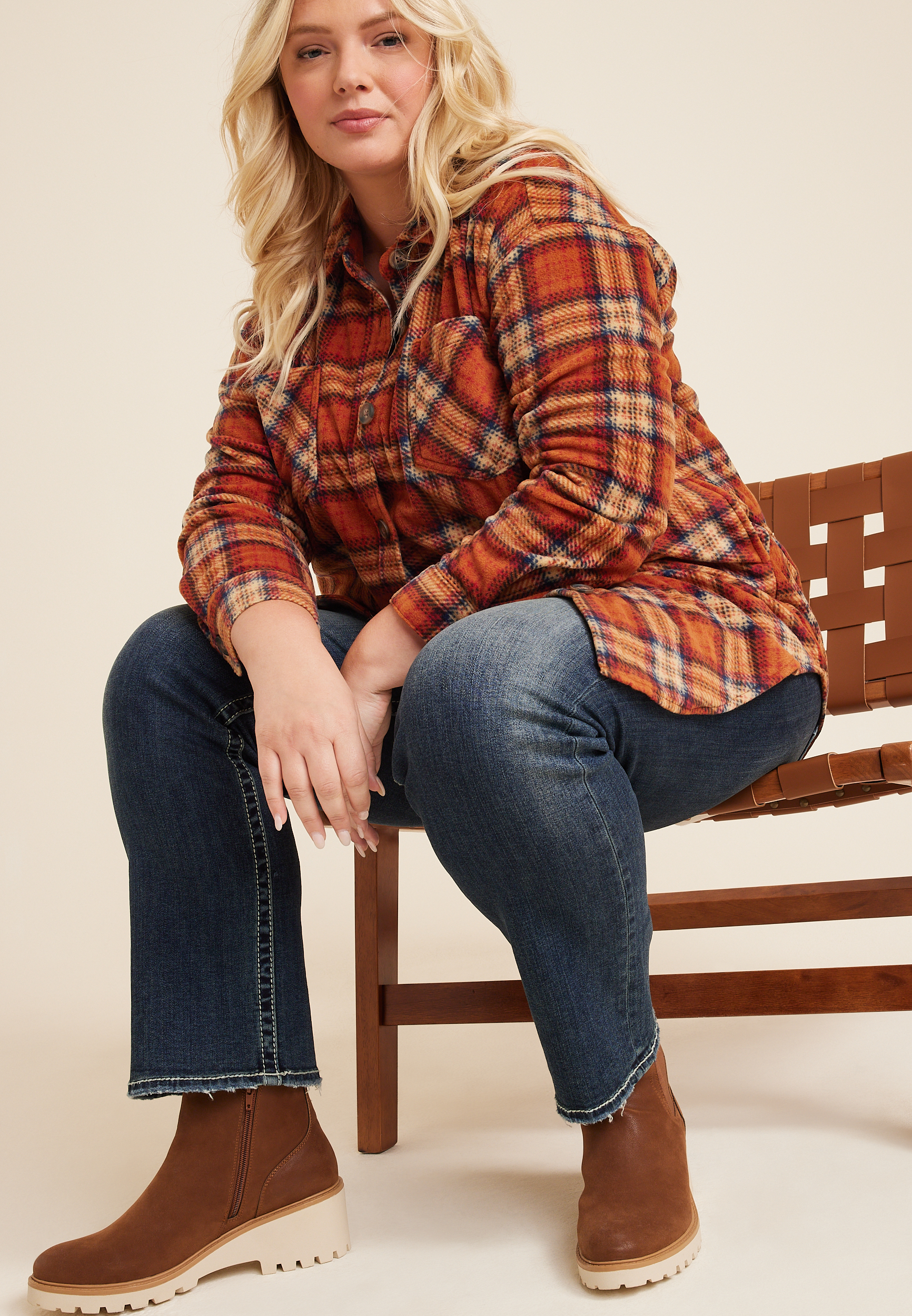 Plus Size Wilder Orange Plaid Fleece Shacket, C3664, large