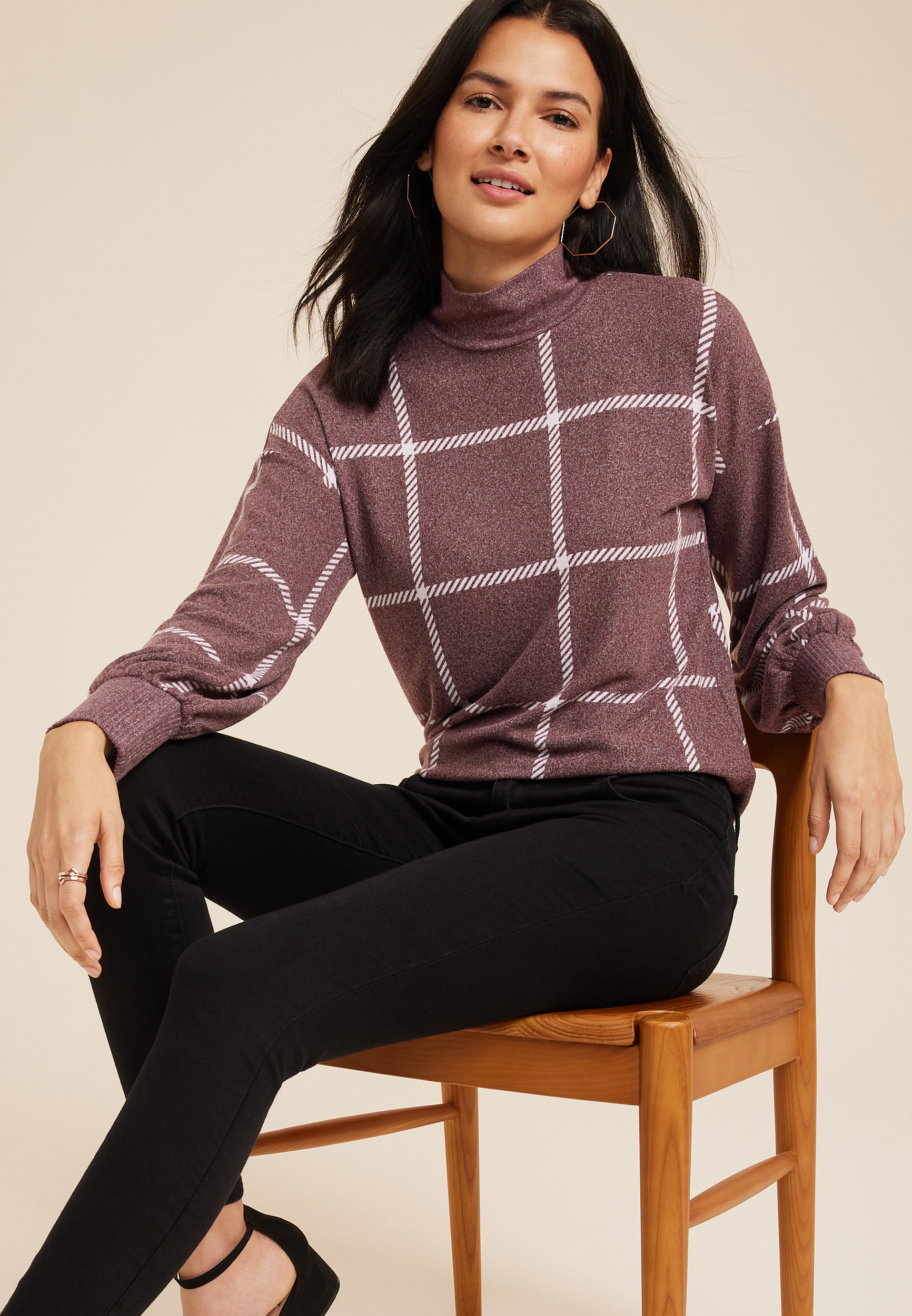 Felicity Windowpane Blouson Sleeve Top, C9229, large