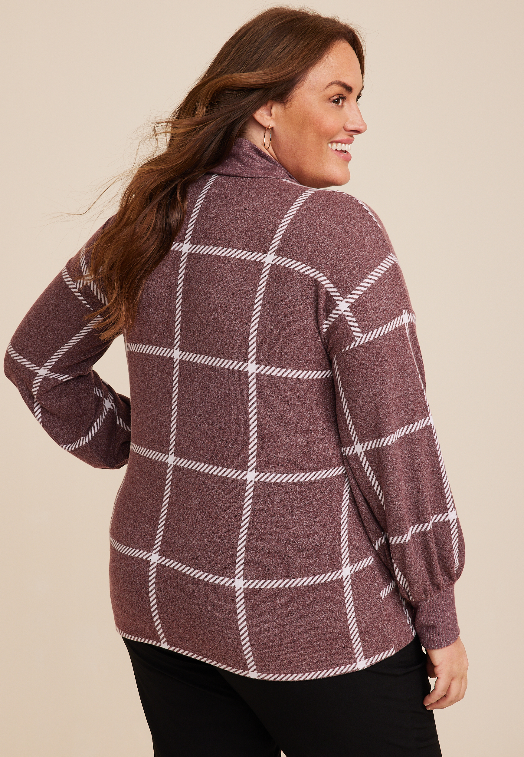 Plus Size Felicity Windowpane Blouson Sleeve Top, C9229, large