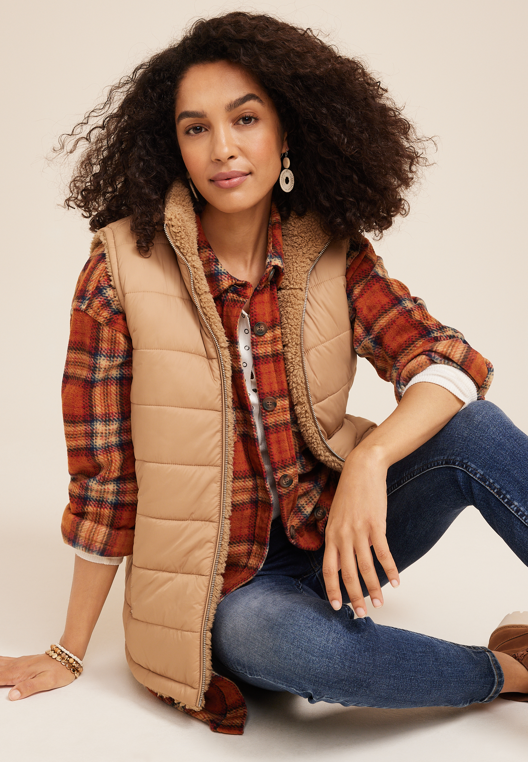 Wilder Orange Plaid Fleece Shacket, C3664, large
