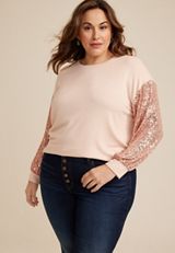 Plus Size Sequin Sleeve Drop Shoulder Blouse, C727, small