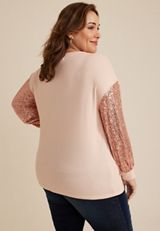 Plus Size Sequin Sleeve Drop Shoulder Blouse, C727, small