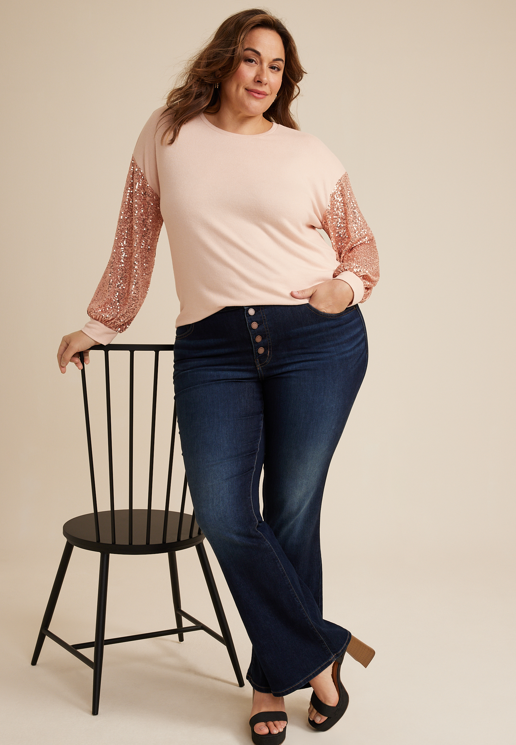Plus Size Sequin Sleeve Drop Shoulder Blouse, C727, large