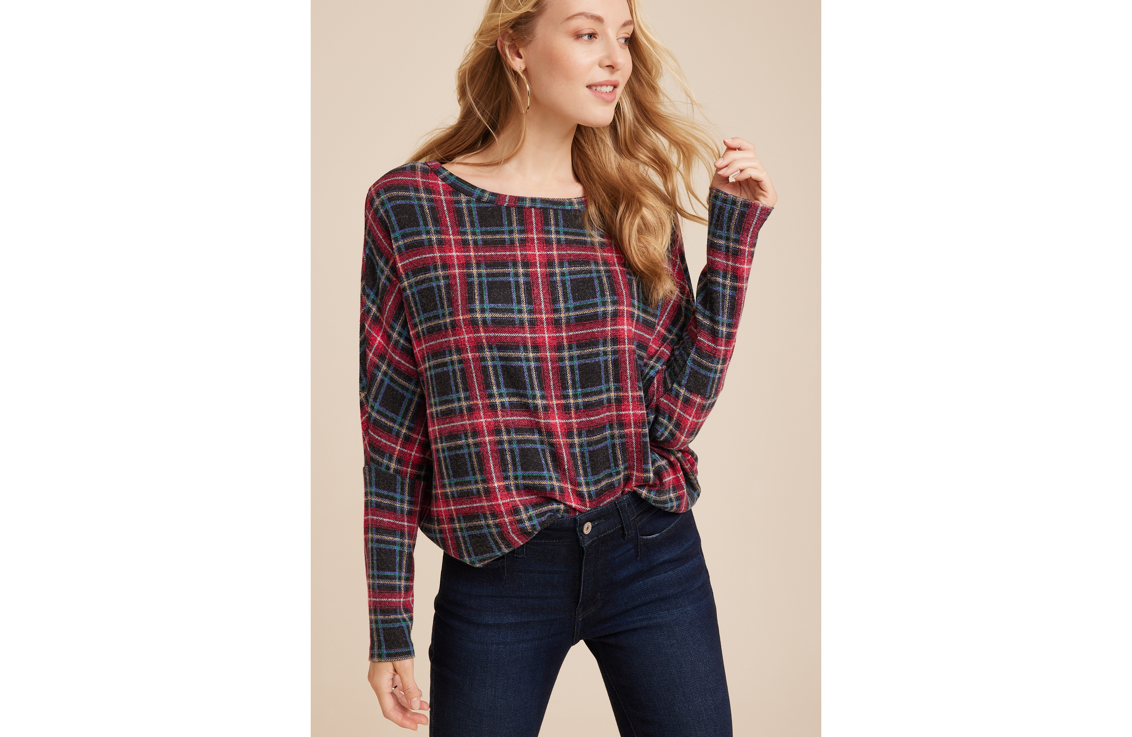 24/7 Dakota Plaid Dolman Top