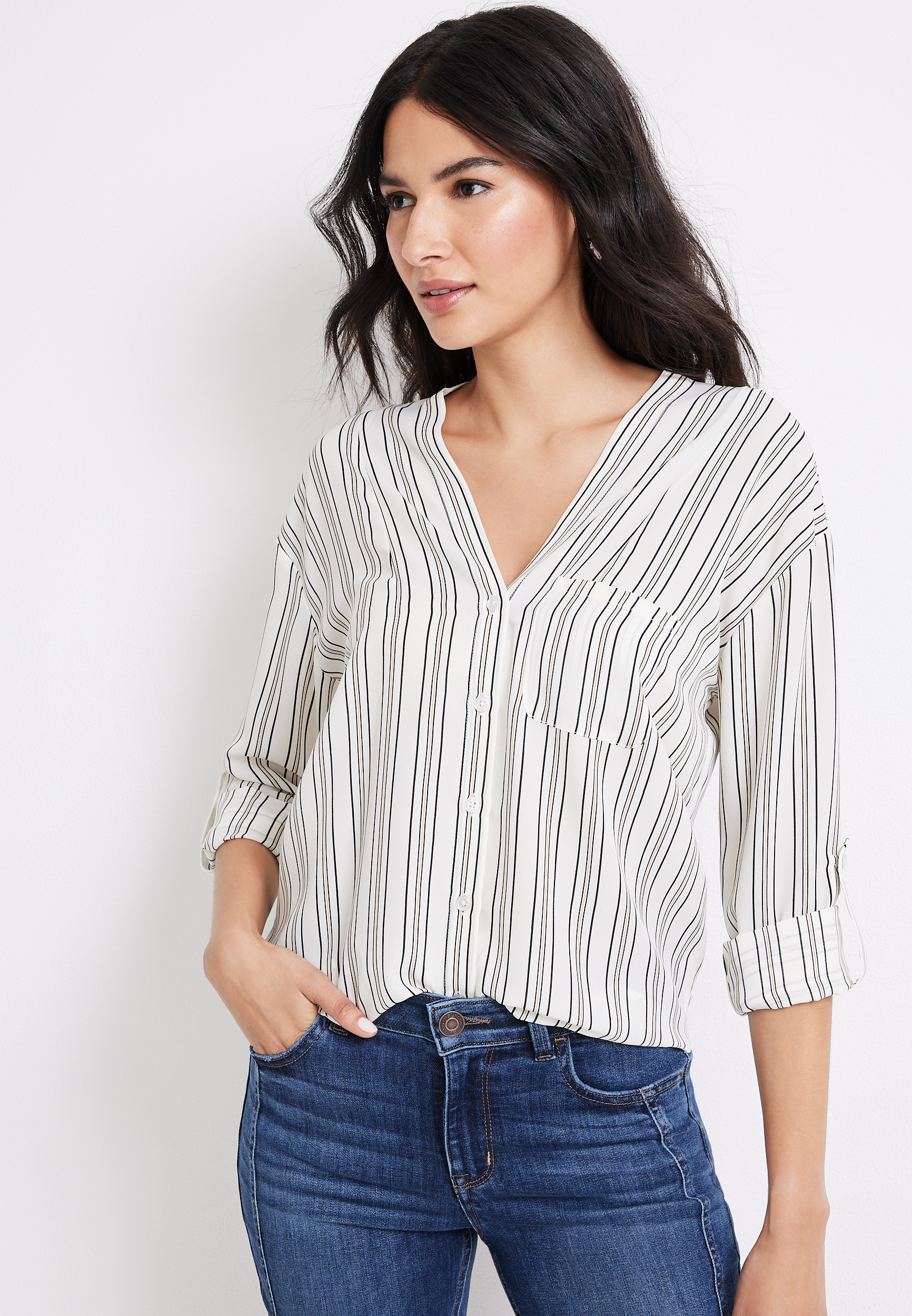 Striped Button Down V Neck Blouse | maurices