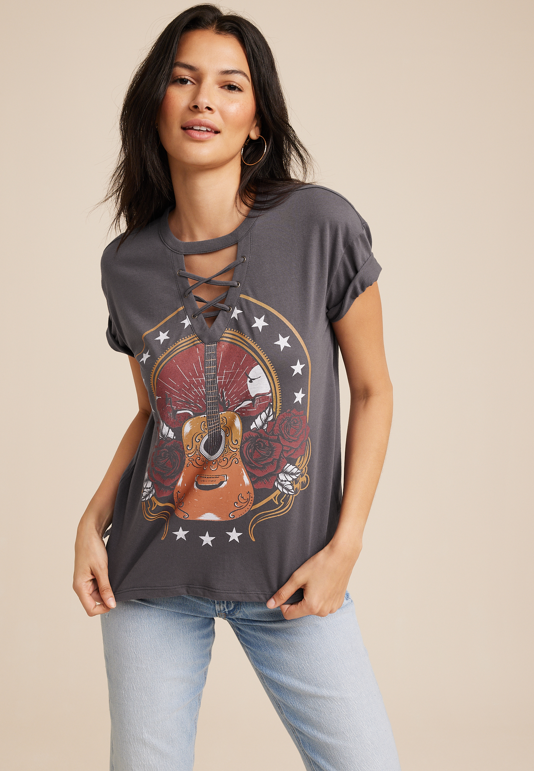 Guitar Lace Up Boyfriend Graphic Tee, C9501, large