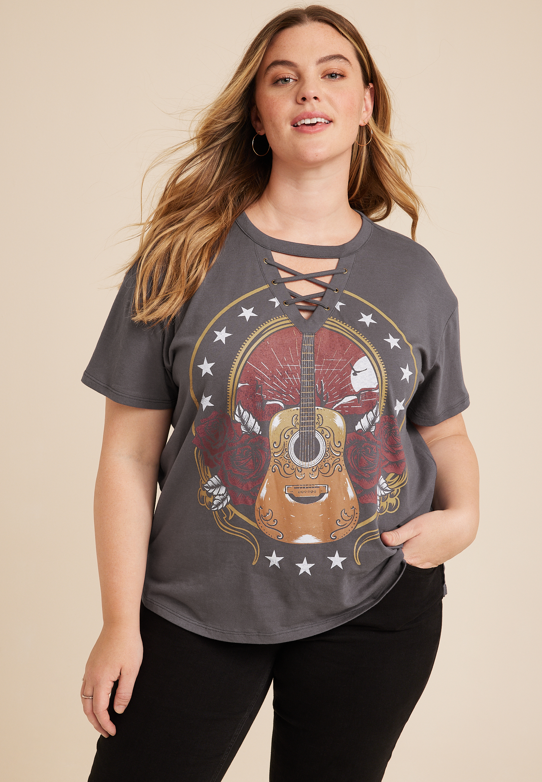 Plus Size Guitar Lace Up Boyfriend Graphic Tee, C9501, large
