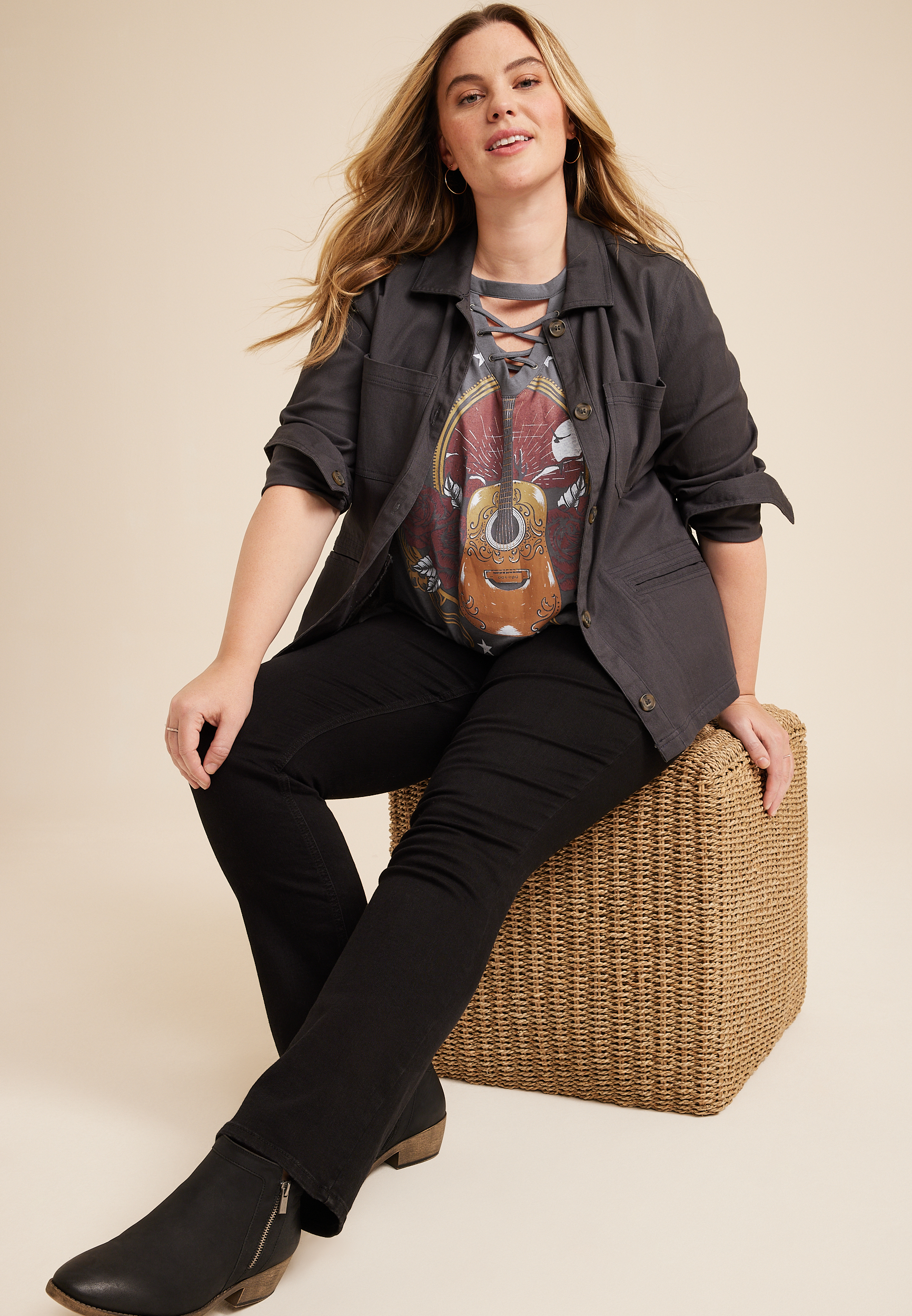 Plus Size Guitar Lace Up Boyfriend Graphic Tee, C9501, large