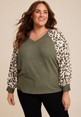 Plus Size Leopard Sleeve Mixer Tee, C1829, small