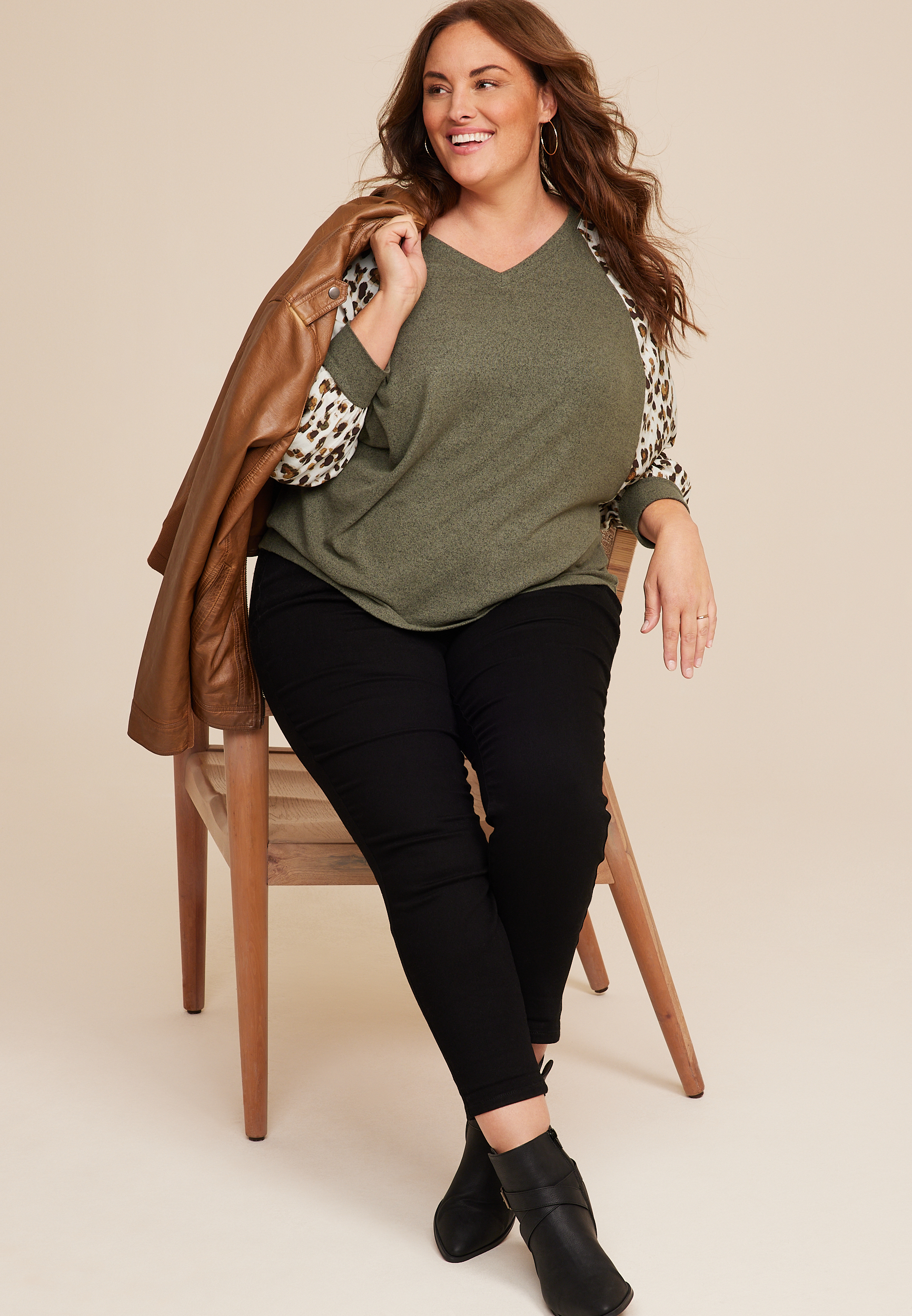 Plus Size Leopard Sleeve Mixer Tee, C1829, large