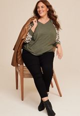 Plus Size Leopard Sleeve Mixer Tee, C1829, small