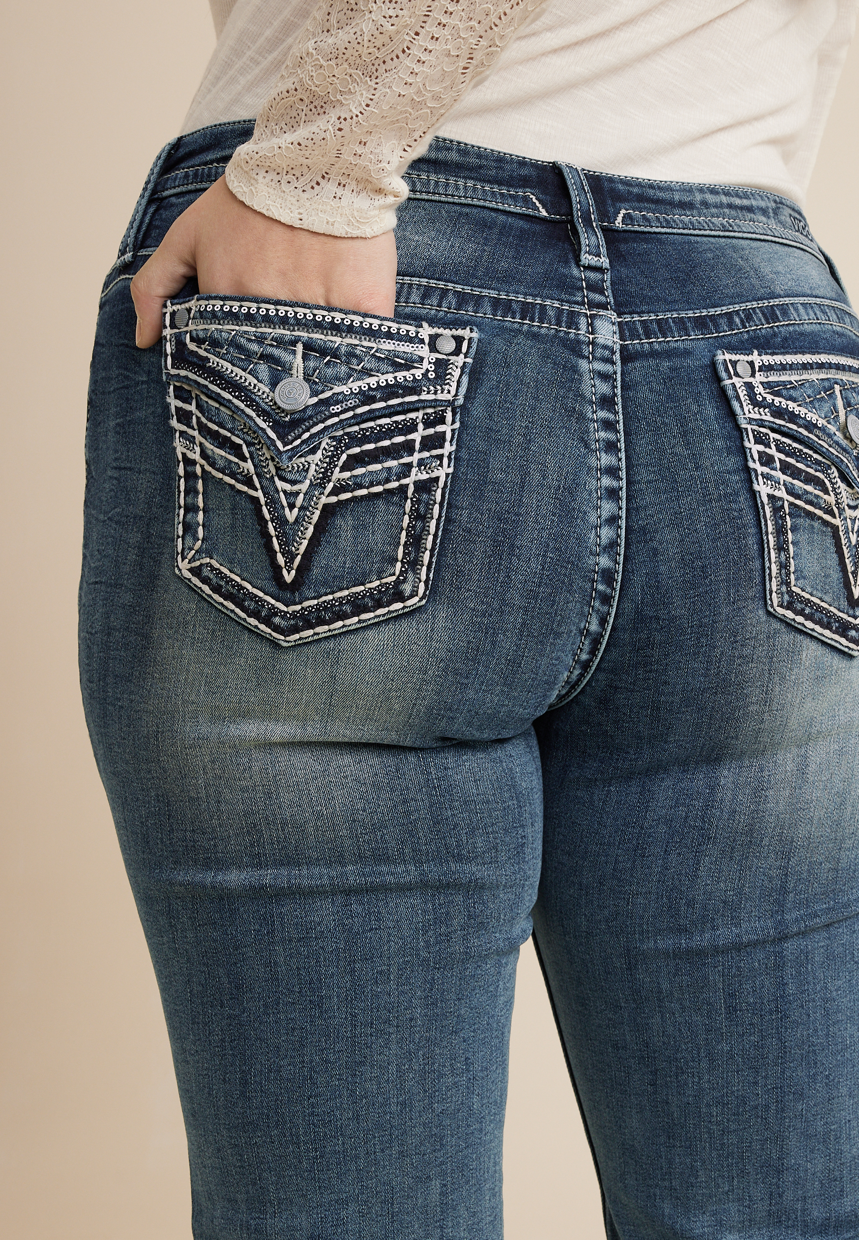 Plus Size Vigoss&reg; Heritage Sequin Faux Flap Pocket Mid Rise Straight Jean, C258, large