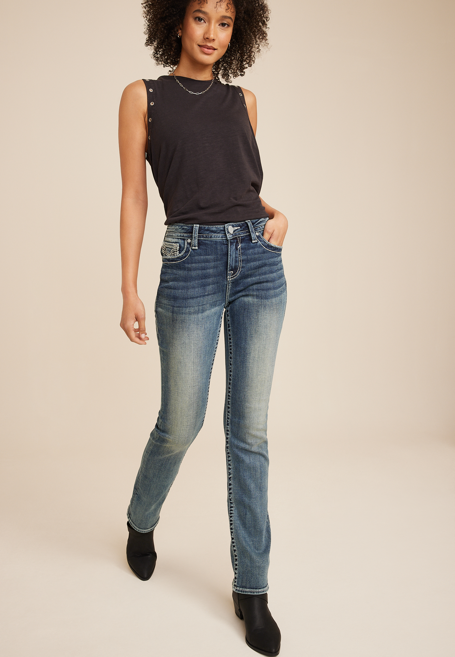Vigoss&reg; Heritage Sequin Faux Flap Pocket Mid Rise Straight Jean, C258, large