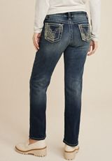 Vigoss&reg; Heritage Floral Embroidered Pocket Mid Rise Straight Jean, DARK SANDBLAST, small
