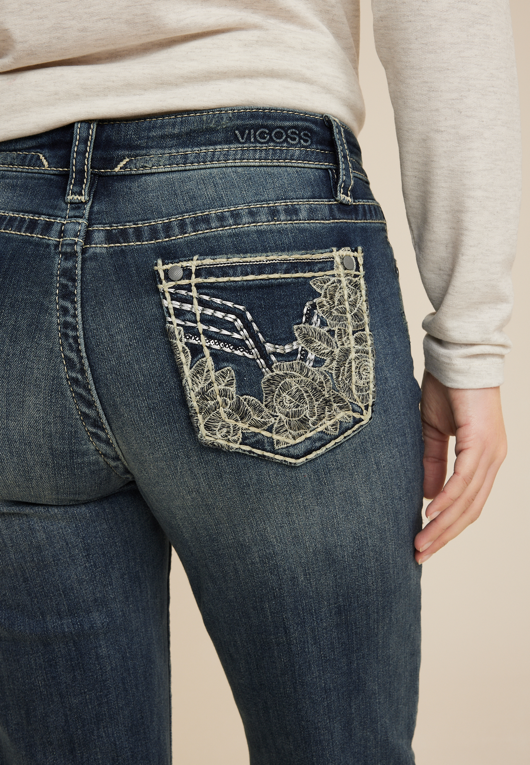 Vigoss&reg; Heritage Floral Embroidered Pocket Mid Rise Straight Jean, DARK SANDBLAST, large