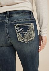 Vigoss&reg; Heritage Floral Embroidered Pocket Mid Rise Straight Jean, DARK SANDBLAST, small