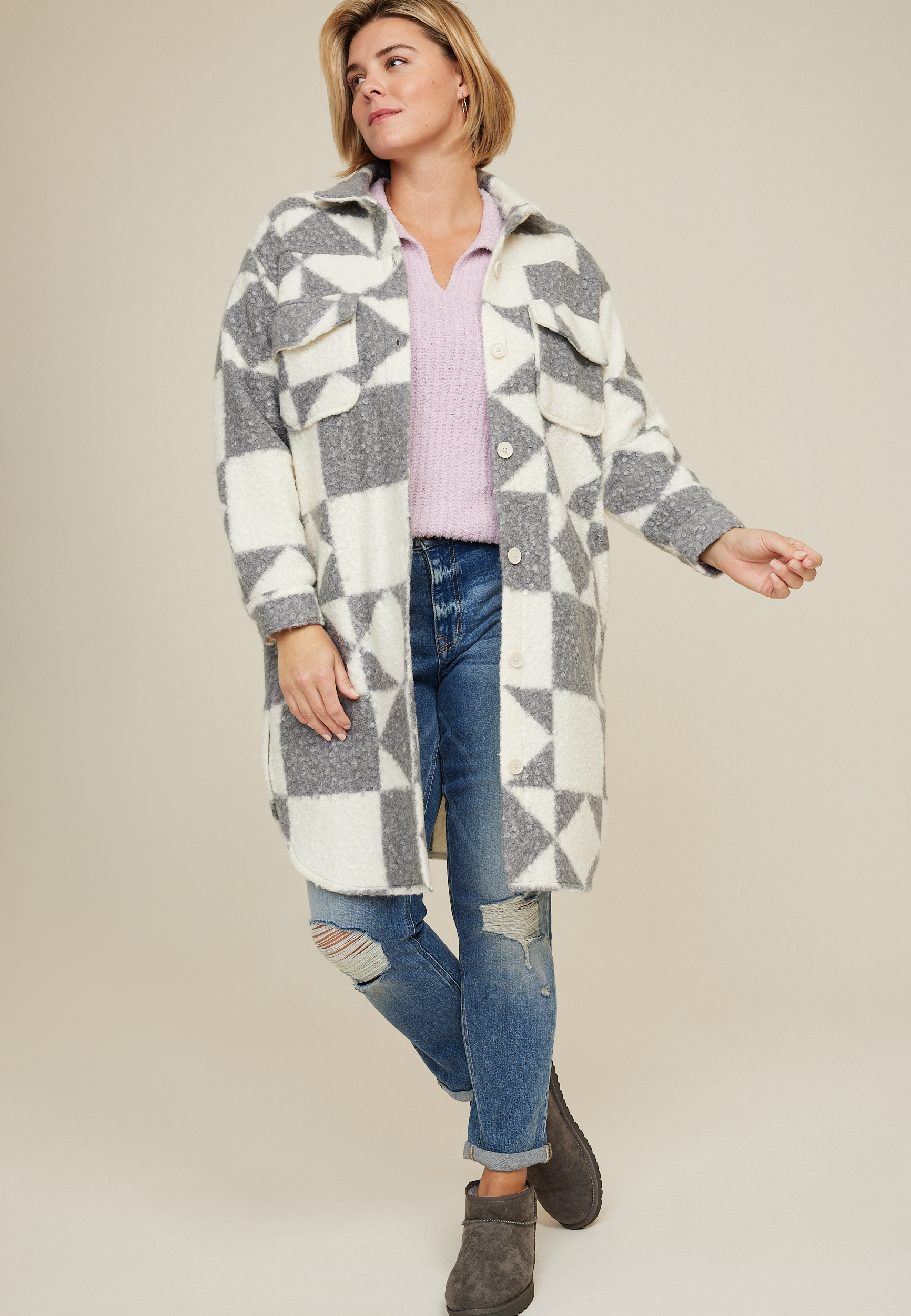 Plus Size Collared Teddy Sweater, C9381, large