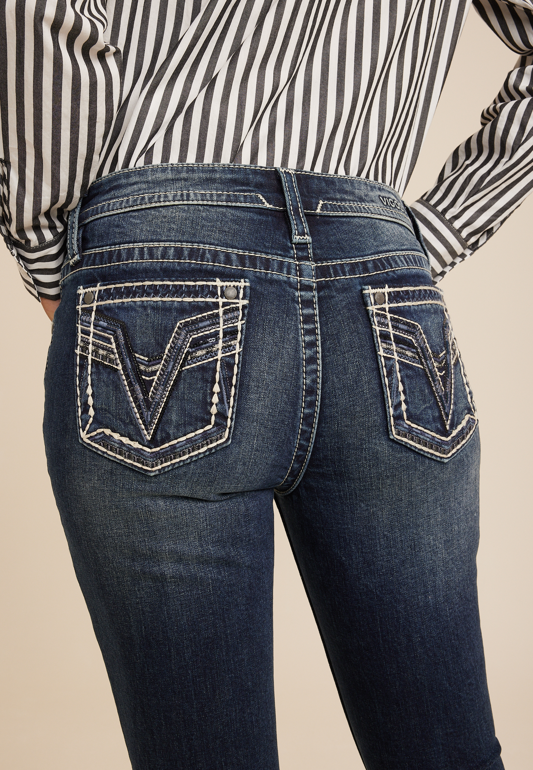 Vigoss&reg; Bootcut Heritage Black Sequin Stitch Pocket Mid Rise Jean, C258, large