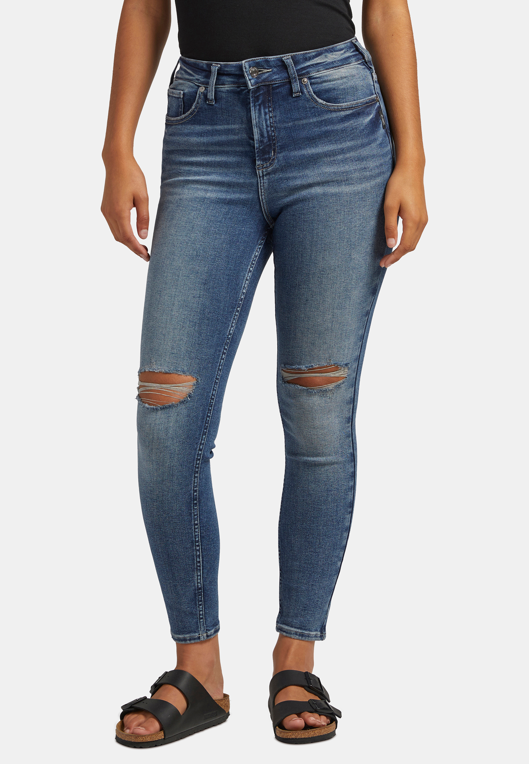 American Eagle super hi-rise skinny jeans with rips in grey