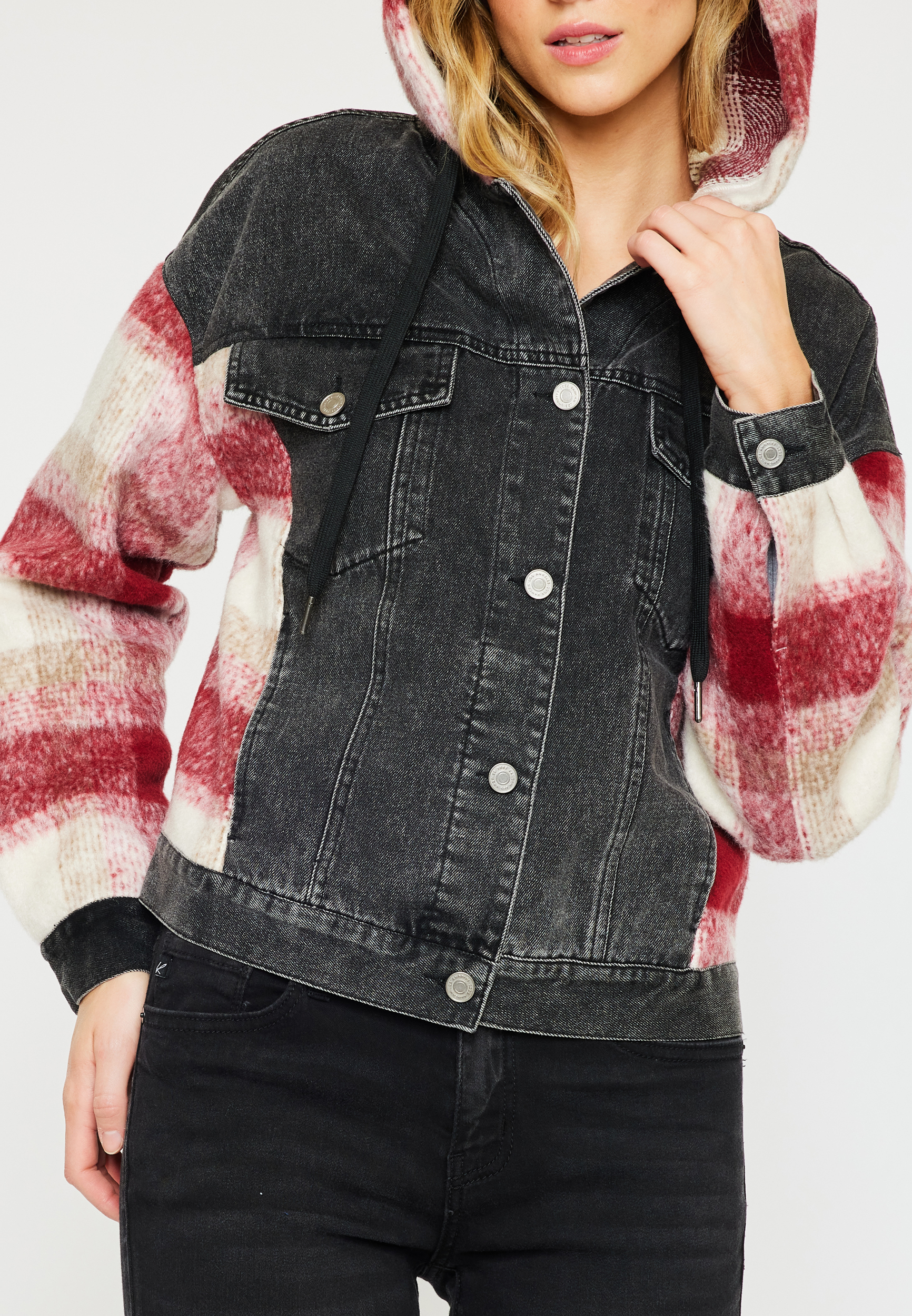 KanCan&trade; Red Plaid Denim Jacket, BLACK, large