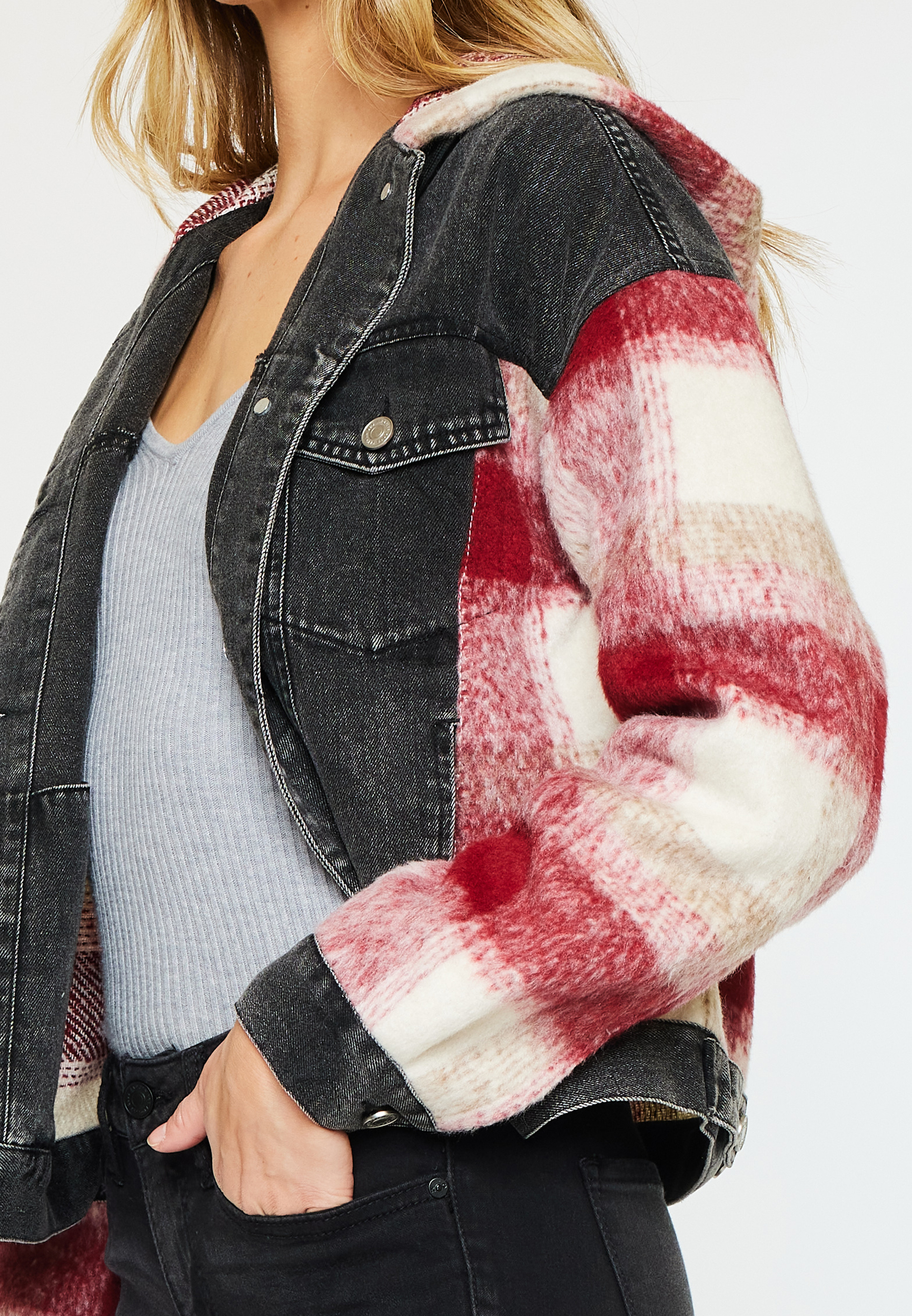 KanCan&trade; Red Plaid Denim Jacket, BLACK, large