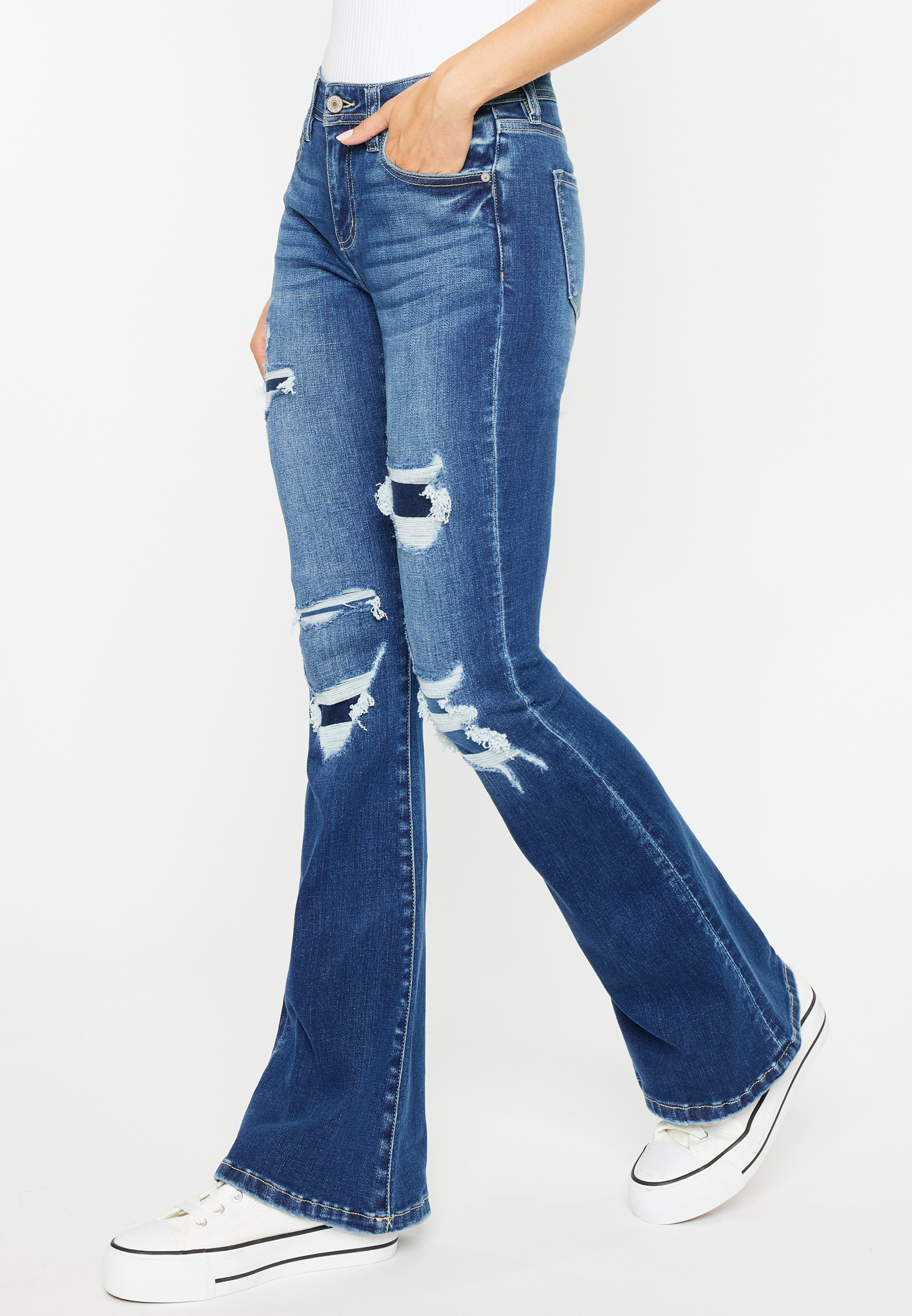 KanCan&trade; Mid Rise Ripped Flare Jean, , large