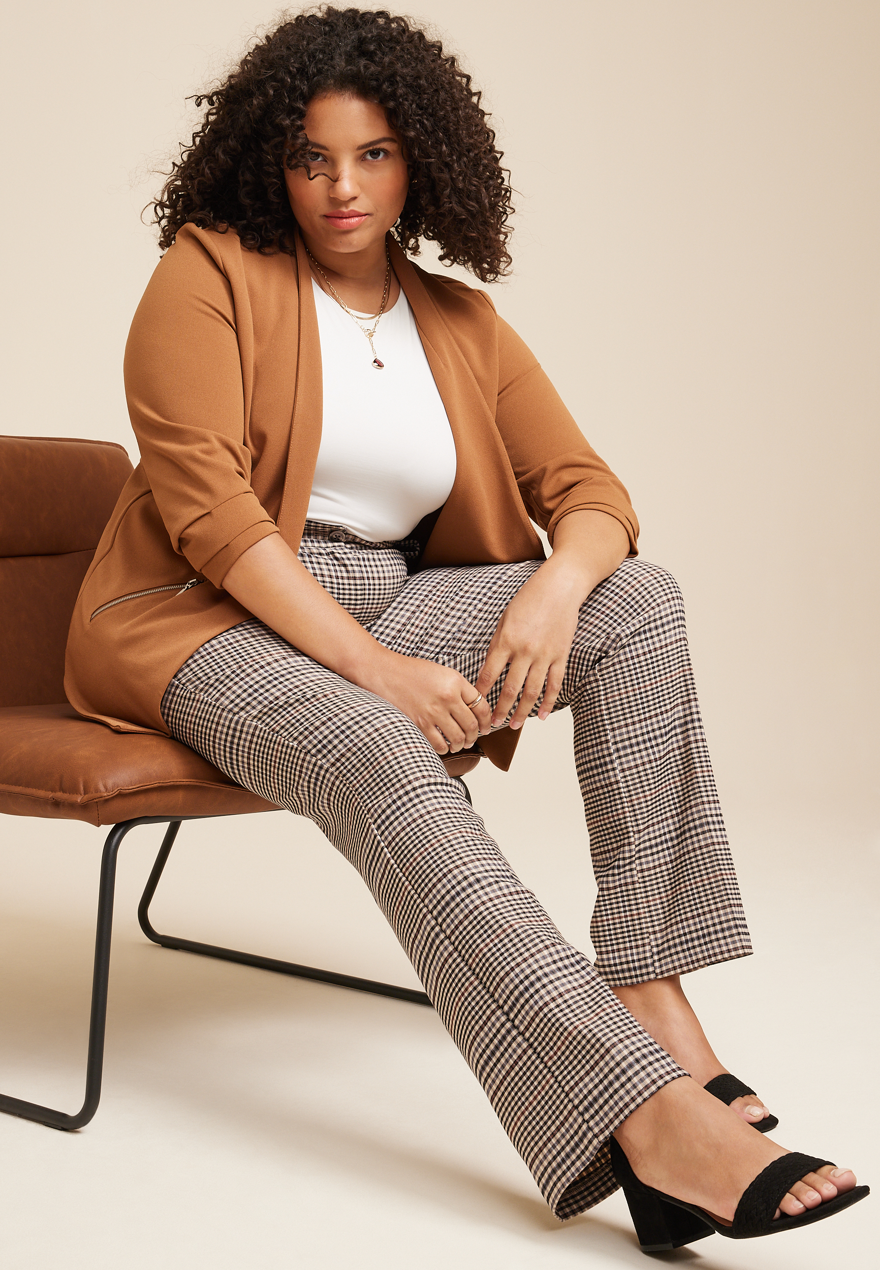Plus Size Bengaline Plaid Mid Rise Bootcut Pant, TAN COMBO, large