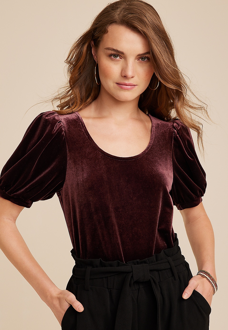House Of Blouse Maroon Silk Closed Neck Blouse with Keyhole Neck & Puff  Sleeves