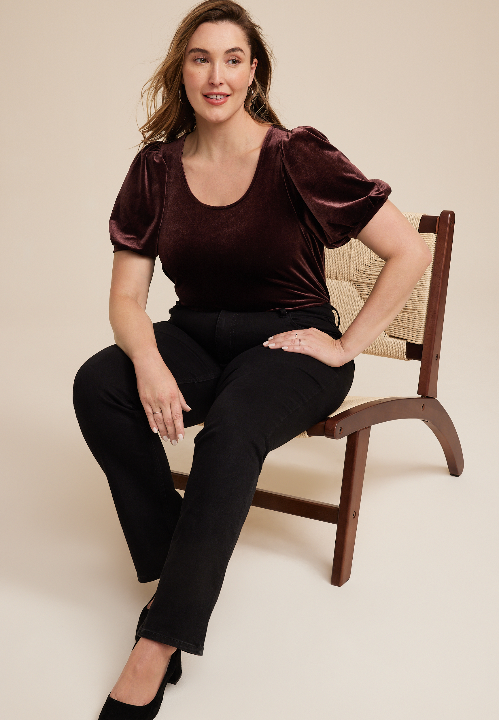 Plus Size Velvet Puff Sleeve Blouse, C7551, large