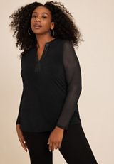 Plus Size Black Mesh Sleeve Faux Leather Top, C106, small