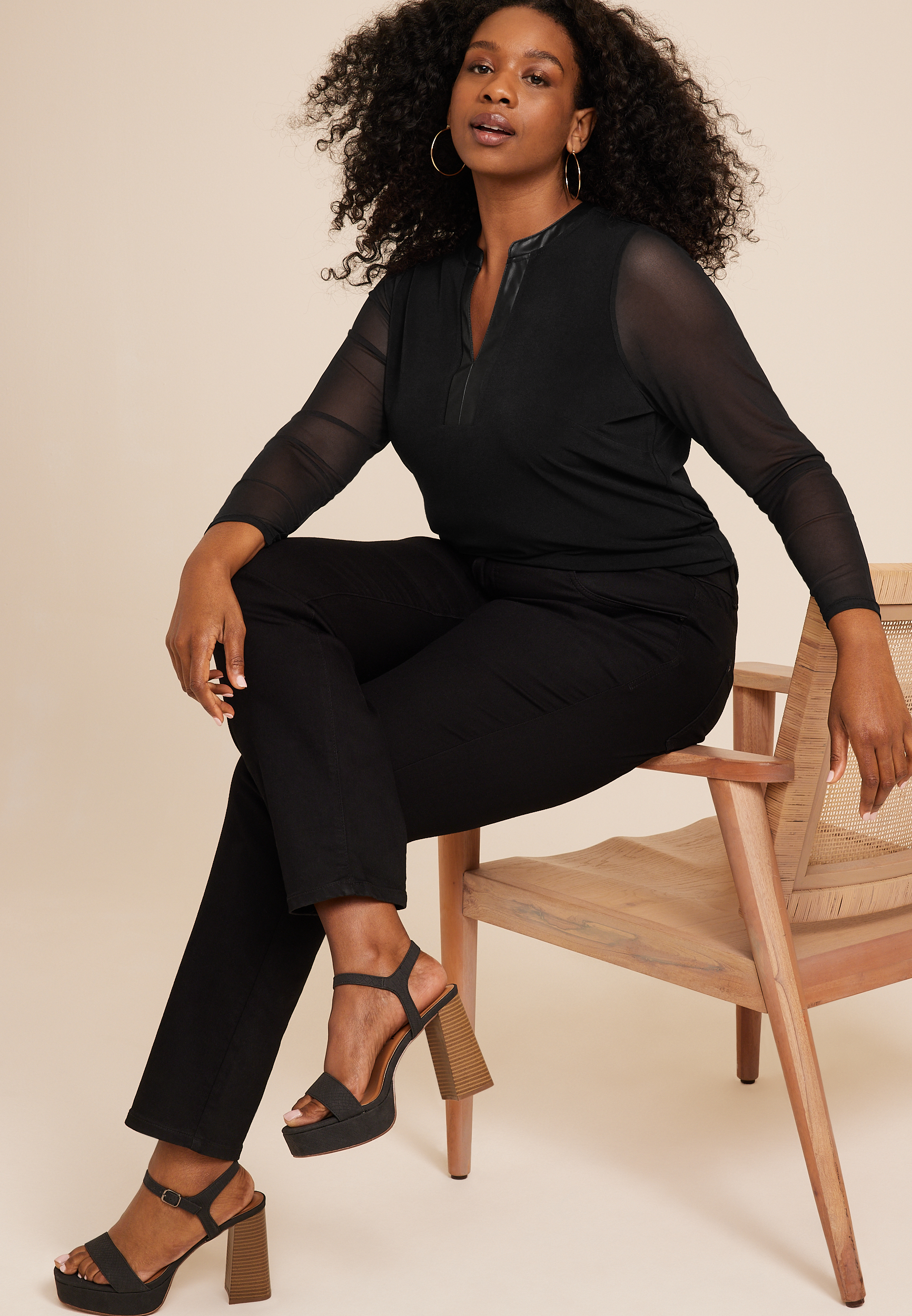Plus Size Black Mesh Sleeve Faux Leather Top, C106, large
