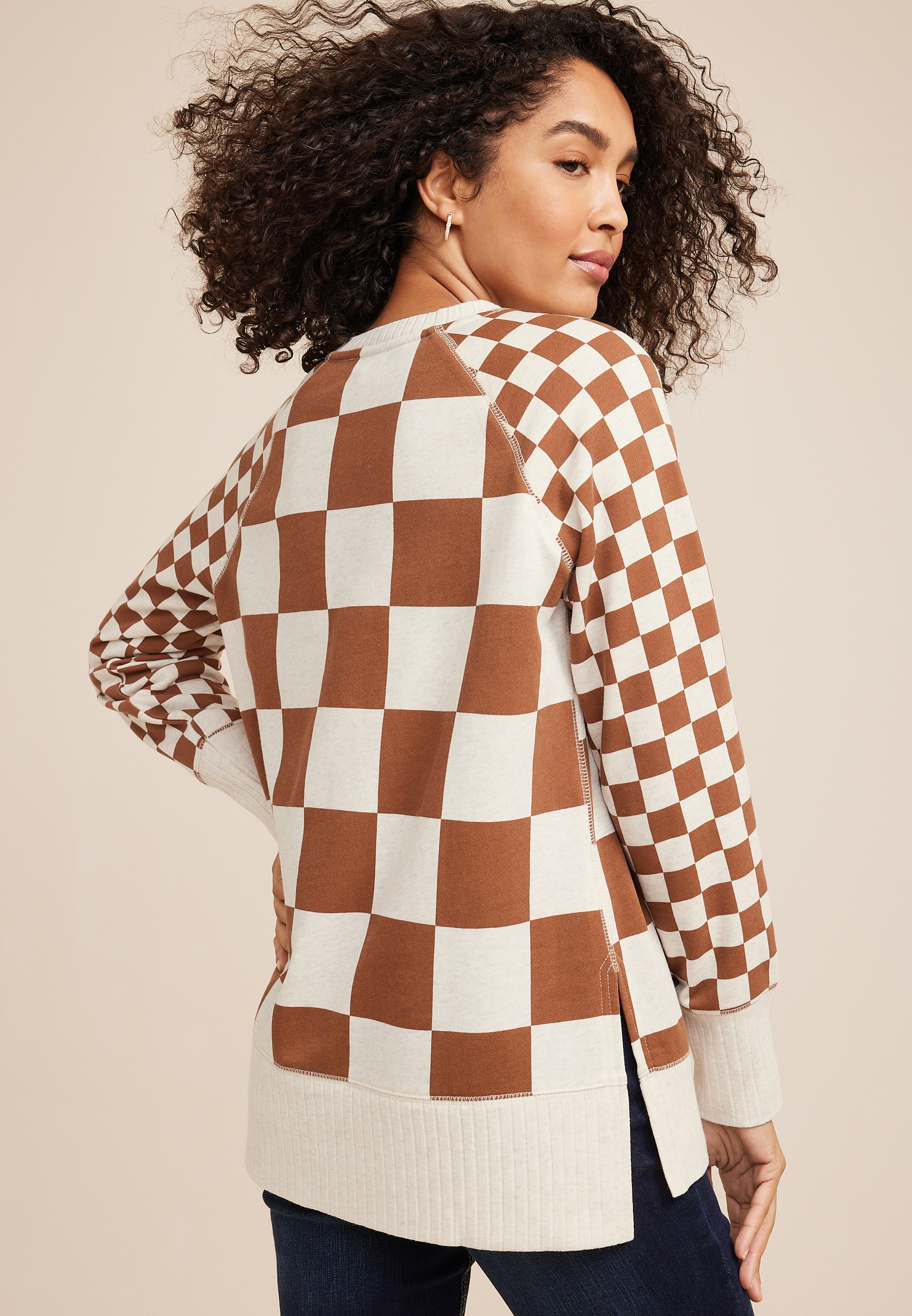 Willowsoft Checkered Sweatshirt, LIGHT OATMEAL HEATHR CMBO, large